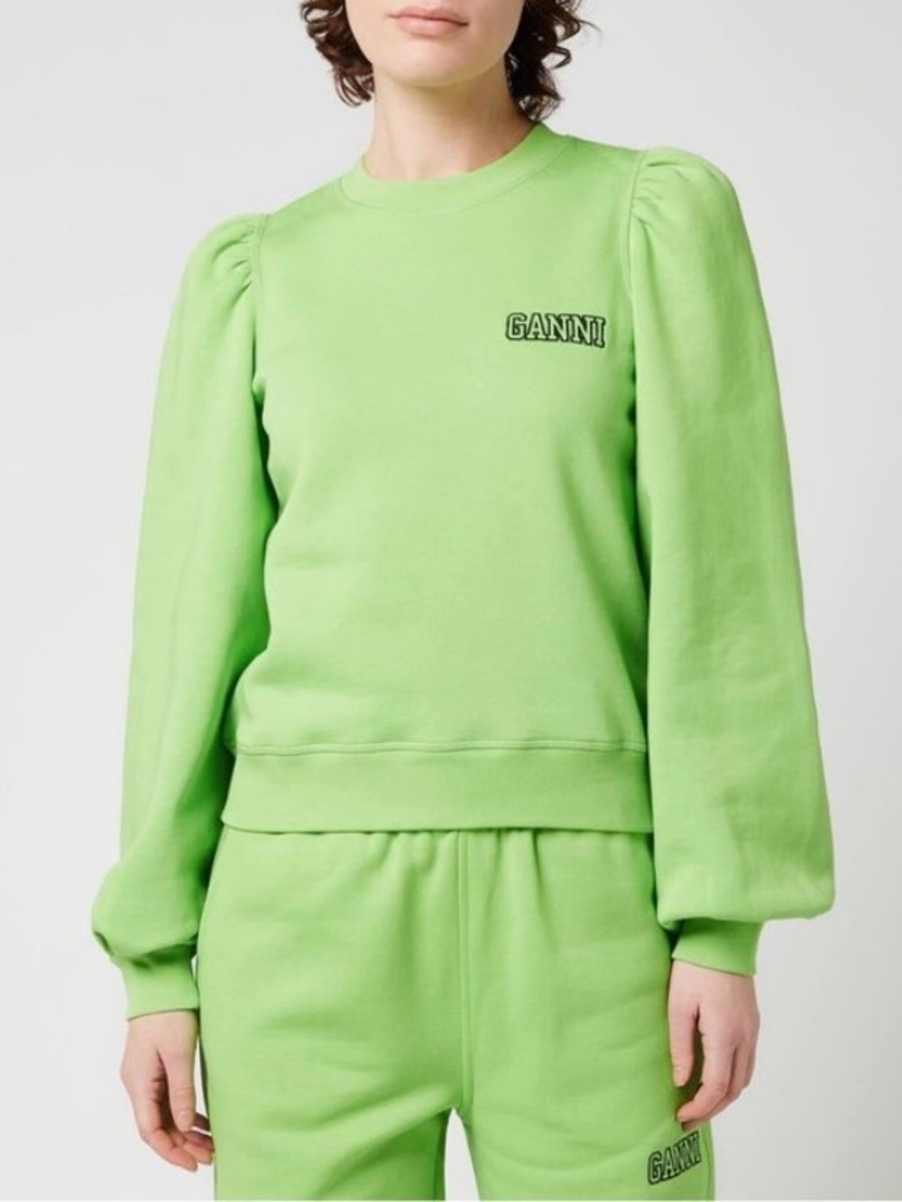 GANNI Software Puff Crew Sweatshirt Flash Green Organic Cotton Size Small
